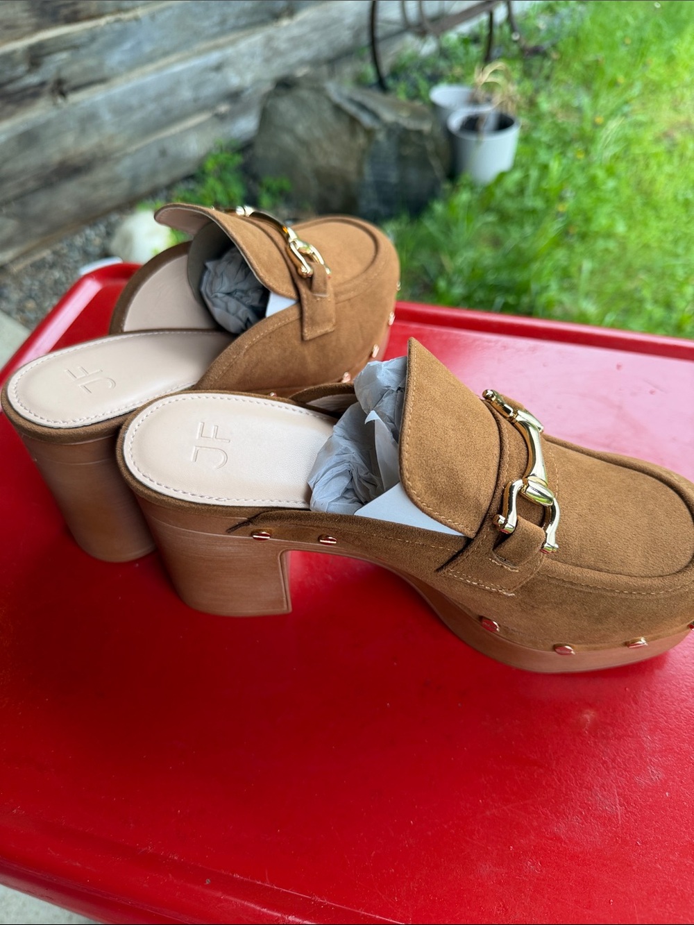JustFab Brown Suede Platform Clog Mules with Gold Bit - Picture 3 of 11